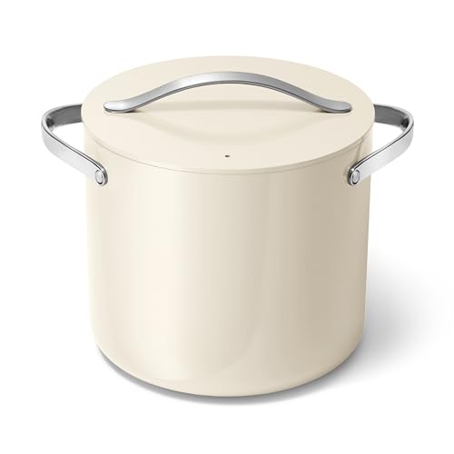 Caraway Stock Pot - 12 Qt Ceramic Coated With Lid - Free From Forever Chemicals - Large for Bigger Batches - Cream - My Kitchen Products