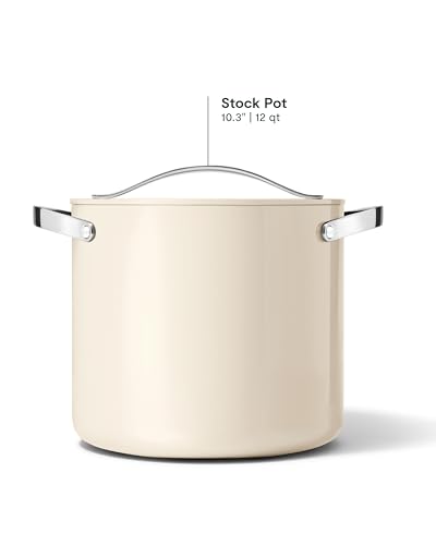 Caraway Stock Pot - 12 Qt Ceramic Coated With Lid - Free From Forever Chemicals - Large for Bigger Batches - Cream - My Kitchen Products