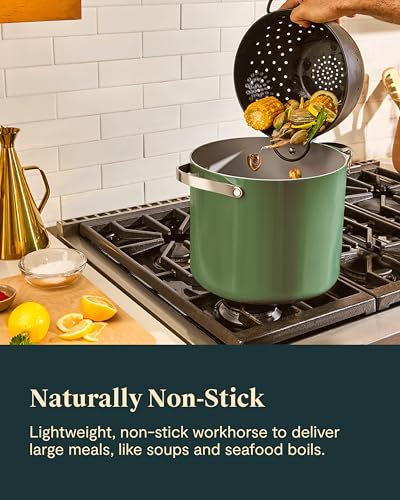 Caraway Stock Pot - 12 Qt Ceramic Coated With Lid - Free From Forever Chemicals - Large for Bigger Batches - Cream - My Kitchen Products