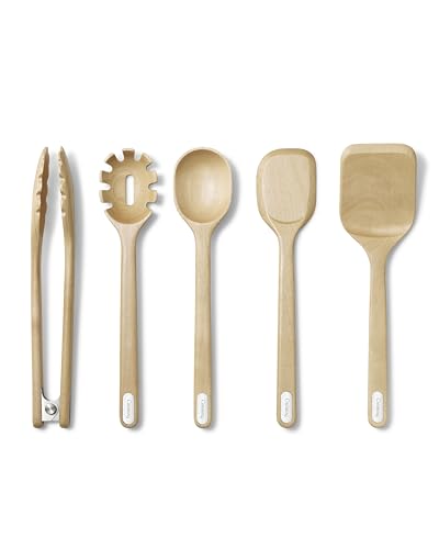 Caraway Wooden Utensil Set - 5 Piece Cooking Utensil Set - Spoon, Server, Scraper, Spatula, & Tongs - Made From FSC-Certified Birch Wood - No Microplastics - My Kitchen Products