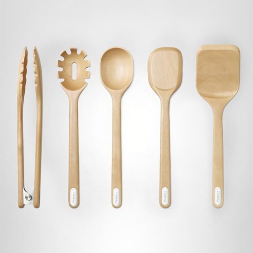 Caraway Wooden Utensil Set - 5 Piece Cooking Utensil Set - Spoon, Server, Scraper, Spatula, & Tongs - Made From FSC-Certified Birch Wood - No Microplastics - My Kitchen Products