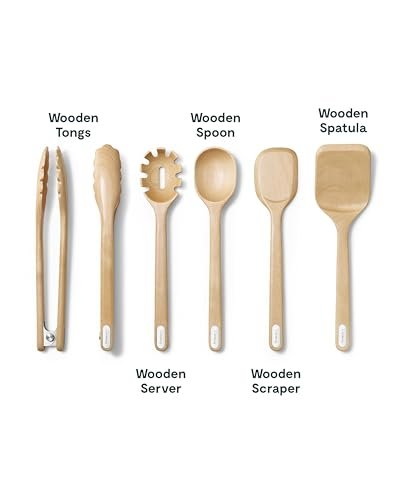 Caraway Wooden Utensil Set - 5 Piece Cooking Utensil Set - Spoon, Server, Scraper, Spatula, & Tongs - Made From FSC-Certified Birch Wood - No Microplastics - My Kitchen Products