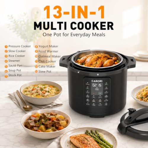 CARORI 8Qt 12-in-1 Electric Pressure Cooker, 1200W, Quick Meals, Time-Saving, Healthy, Easy Cooking Appliance, Slow,Rice,Steamer, Sauté, Yogurt Maker, Warmer & Sterilizer,Safer Venting Design, Black - My Kitchen Products