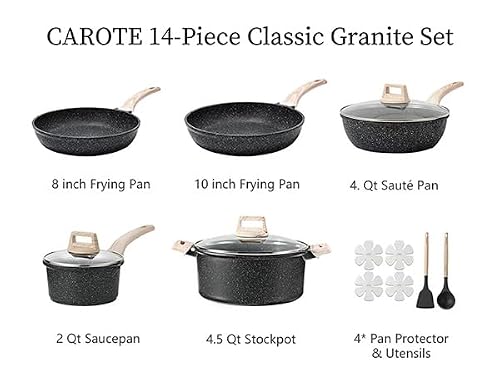 CAROTE 14Pcs Pots and Pans Set Non Stick, Cookware Sets Induction Cookware Granite Cooking Set with Frying Pans, Saucepans, Saute Pan, Extra Large Casserole - My Kitchen Products