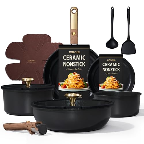 CAROTE 15Pcs Ceramic Cookware Set, Pots and Pans Set Non stick, Kitchen Cooking Set with Detachable Handle, Non Toxic Induction Cookware, Dishwasher/Oven Safe, PFAS Free, Black&Gold - My Kitchen Products