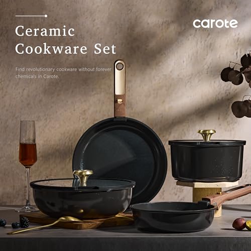 CAROTE 15Pcs Ceramic Cookware Set, Pots and Pans Set Non stick, Kitchen Cooking Set with Detachable Handle, Non Toxic Induction Cookware, Dishwasher/Oven Safe, PFAS Free, Black&Gold - My Kitchen Products