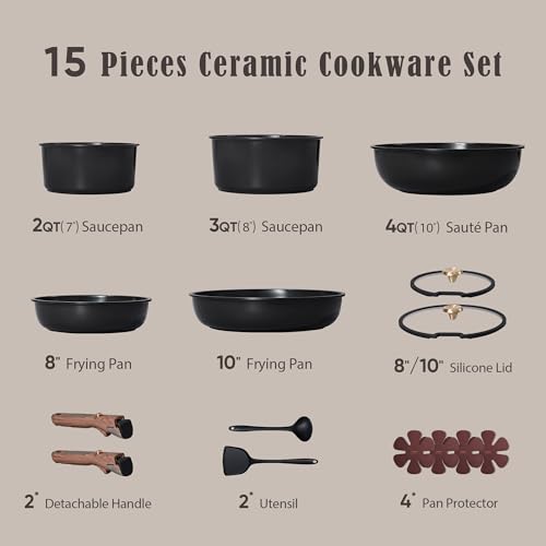 CAROTE 15Pcs Ceramic Cookware Set, Pots and Pans Set Non stick, Kitchen Cooking Set with Detachable Handle, Non Toxic Induction Cookware, Dishwasher/Oven Safe, PFAS Free, Black&Gold - My Kitchen Products