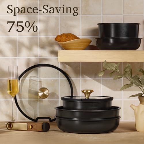 CAROTE 15Pcs Ceramic Cookware Set, Pots and Pans Set Non stick, Kitchen Cooking Set with Detachable Handle, Non Toxic Induction Cookware, Dishwasher/Oven Safe, PFAS Free, Black&Gold - My Kitchen Products