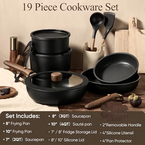CAROTE 19pcs Pots and Pans Non Stick, Cookware Sets Detachable Handle, Induction Kitchen Pots and Pans,NonStick Cooking Set, Oven/Dishwasher/Fridge Safe, Space Saving - My Kitchen Products