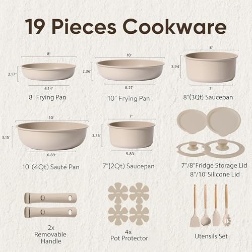 CAROTE 19pcs Pots and Pans Set Non Stick, Nonstick Cookware Set Detachable Handle, Induction Kitchen Cooking Sets with Removable Handle, RV Kitchen, Oven Safe, Taupe - My Kitchen Products