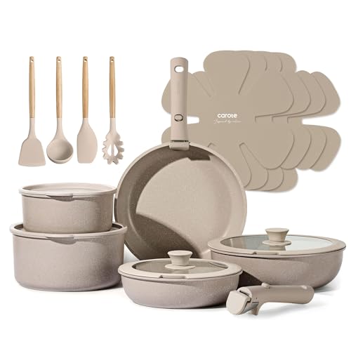 CAROTE 19pcs Pots and Pans Set Non Stick, Nonstick Cookware Set Detachable Handle, Induction Kitchen Cooking Sets with Removable Handle, RV Kitchen, Oven Safe, Taupe - My Kitchen Products
