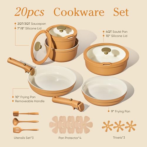 Carote 20pcs Ceramic Cookware Set with Detachable Handles, Pots and Pans Set Non Stick, RV Kitchen Cooking Pot and Pan, Dishwasher Safe, Non-toxic Induction Cookware PFAS and PFOA Free,Orange - My Kitchen Products