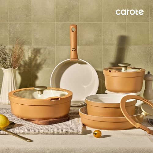 Carote 20pcs Ceramic Cookware Set with Detachable Handles, Pots and Pans Set Non Stick, RV Kitchen Cooking Pot and Pan, Dishwasher Safe, Non-toxic Induction Cookware PFAS and PFOA Free,Orange - My Kitchen Products