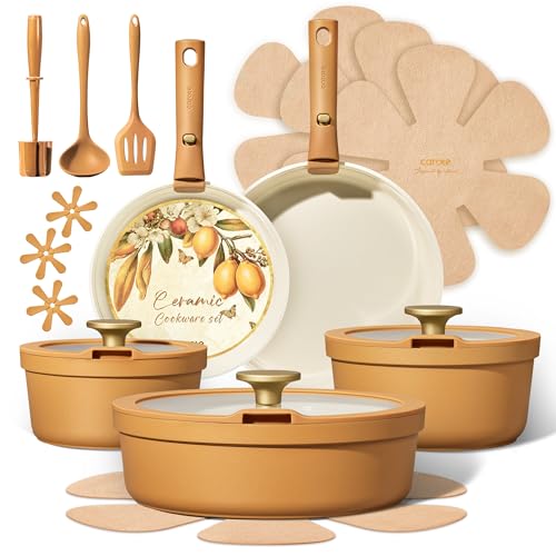 Carote 20pcs Ceramic Cookware Set with Detachable Handles, Pots and Pans Set Non Stick, RV Kitchen Cooking Pot and Pan, Dishwasher Safe, Non-toxic Induction Cookware PFAS and PFOA Free,Orange - My Kitchen Products