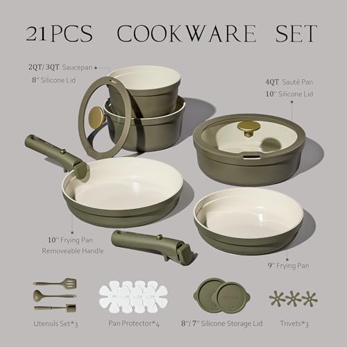 Carote 21pcs Ceramic Cookware Set with Detachable Handles, Pots and Pans Set Non Stick, RV Kitchen Cooking Pot and Pan, Dishwasher Safe, Non-toxic Induction Cookware PFAS and PFOA Free, Olive Green - My Kitchen Products