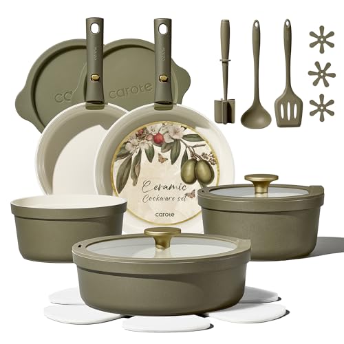 Carote 21pcs Ceramic Cookware Set with Detachable Handles, Pots and Pans Set Non Stick, RV Kitchen Cooking Pot and Pan, Dishwasher Safe, Non-toxic Induction Cookware PFAS and PFOA Free, Olive Green - My Kitchen Products