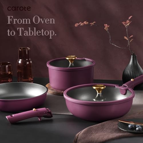 CAROTE 21pcs Pots and Pans Set, Nonstick Cookware Set Detachable Handle, Induction Kitchen Cookware Sets Non Stick with Removable Handle, RV Cookware Set, Gold and Purple - My Kitchen Products