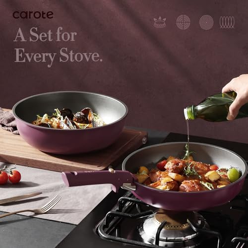 CAROTE 21pcs Pots and Pans Set, Nonstick Cookware Set Detachable Handle, Induction Kitchen Cookware Sets Non Stick with Removable Handle, RV Cookware Set, Gold and Purple - My Kitchen Products