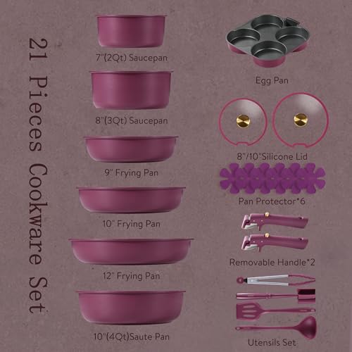 CAROTE 21pcs Pots and Pans Set, Nonstick Cookware Set Detachable Handle, Induction Kitchen Cookware Sets Non Stick with Removable Handle, RV Cookware Set, Gold and Purple - My Kitchen Products