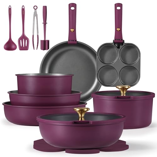 CAROTE 21pcs Pots and Pans Set, Nonstick Cookware Set Detachable Handle, Induction Kitchen Cookware Sets Non Stick with Removable Handle, RV Cookware Set, Gold and Purple - My Kitchen Products