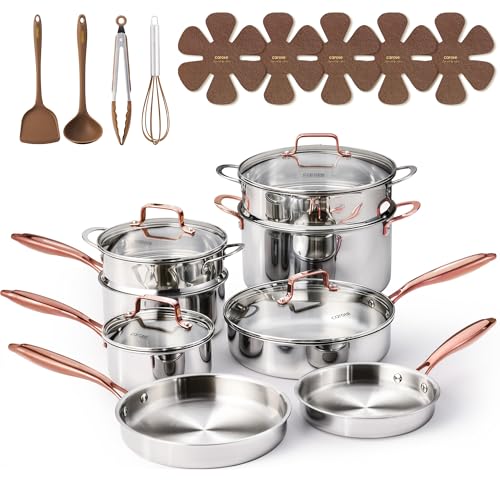 CAROTE 21pcs Tri-Ply Stainless Steel Cookware Set, Pots and Pans Set, Non Toxic Induction Kitchen Cooking Sets, Cookware Collection, Mirror Polish, Gold - My Kitchen Products