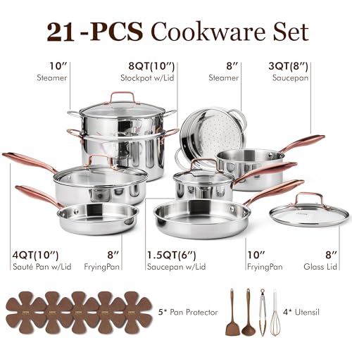 CAROTE 21pcs Tri-Ply Stainless Steel Cookware Set, Pots and Pans Set, Non Toxic Induction Kitchen Cooking Sets, Cookware Collection, Mirror Polish, Gold - My Kitchen Products