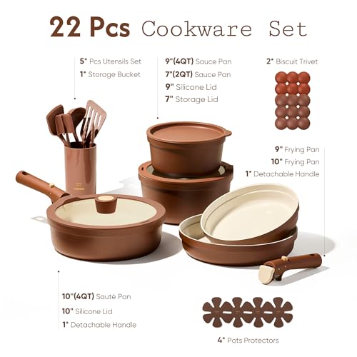 CAROTE 22Pcs Ceramic Cookware Set, Pots and Pans Set Non Stick Removable Handles, Non Toxic Cookware Oven/Dishwasher Safe, Induction Cookware, Gift Set, NonStick Cookware Set with Kitchen Essentials - My Kitchen Products