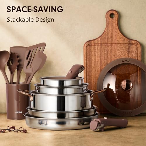CAROTE 22pcs Hybrid Nonstick Pots and Pans Set, Stainless Steel Cookware Set with Honeycomb Titanium Interior, Induction Safe, Oven Safe, Brown (PFOS, PFOA Free) - My Kitchen Products