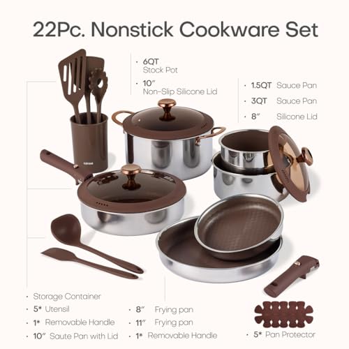 CAROTE 22pcs Hybrid Nonstick Pots and Pans Set, Stainless Steel Cookware Set with Honeycomb Titanium Interior, Induction Safe, Oven Safe, Brown (PFOS, PFOA Free) - My Kitchen Products