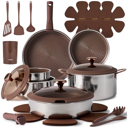 CAROTE 22pcs Hybrid Nonstick Pots and Pans Set, Stainless Steel Cookware Set with Honeycomb Titanium Interior, Induction Safe, Oven Safe, Brown (PFOS, PFOA Free) - My Kitchen Products