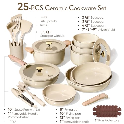 CAROTE 25PCS Ceramic Cookware Set, Pots and Pans set Non Stick, RV Kitchen Cooking Set Removable Handles, Oven Safe, Induction Cookware, Non-toxic Kitchen Cooking Set, PFAS and PFOA Free - My Kitchen Products