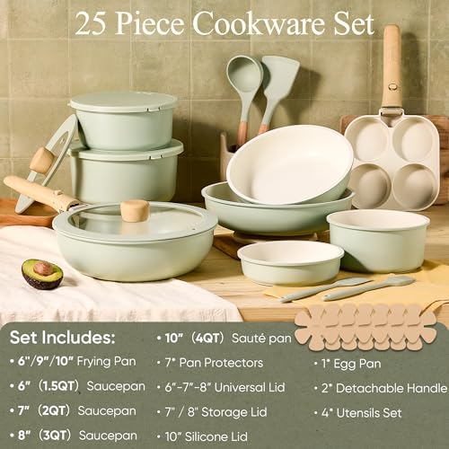 CAROTE 25pcs Pots and Pans Set Non Stick, Cookware Sets, Kitchen Set, Oven/Dishwasher/Fridge Safe, Space Saving Pots Set, Nonstick Set with Versatile Detachable Handle, Induction RV Set, Green - My Kitchen Products