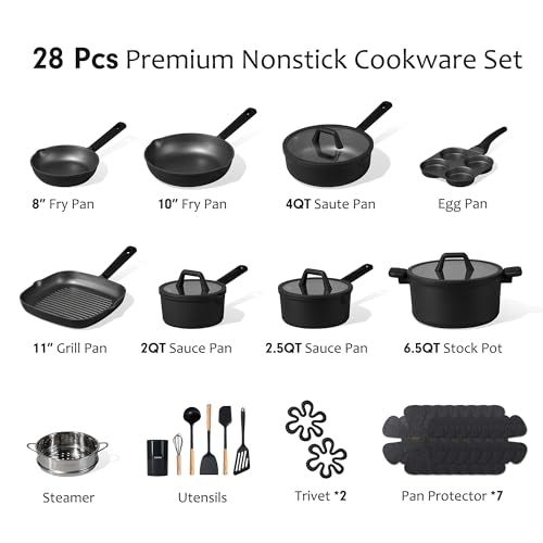 CAROTE 28PCS Pots and Pans Set, Nonstick Cookware Set Kitchen Non Stick Induction Titanium Cookware Non-toxic Granite Cooking set, PFOA Free, Black - My Kitchen Products
