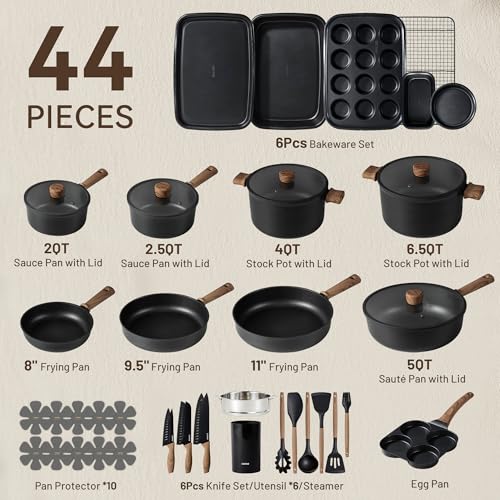 CAROTE 44pcs Nonstick Kitchen Titanium Cookware Sets, Nonstick Pots and Pans, Induction Cookware Set Kitchen Cooking Sets, Non Stick w/Frying Pan,Black - My Kitchen Products