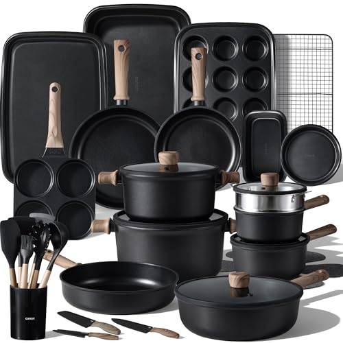 CAROTE 44pcs Nonstick Kitchen Titanium Cookware Sets, Nonstick Pots and Pans, Induction Cookware Set Kitchen Cooking Sets, Non Stick w/Frying Pan,Black - My Kitchen Products
