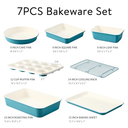 CAROTE 7-Piece Ceramic Baking Pans Set, Aluminized Steel Bakeware Sets, Toxin-Free Nonstick Stackable Oven Pans with Cookie Sheet, Muffin Pan, Loaf Pan, Roasting Pan, Cake Pans, Cooling Rack - My Kitchen Products