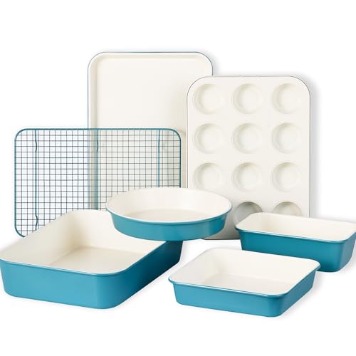 CAROTE 7-Piece Ceramic Baking Pans Set, Aluminized Steel Bakeware Sets, Toxin-Free Nonstick Stackable Oven Pans with Cookie Sheet, Muffin Pan, Loaf Pan, Roasting Pan, Cake Pans, Cooling Rack - My Kitchen Products