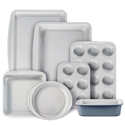 CAROTE 7-Piece Nonstick Stackable Baking Pans Set - Bakeware Sets Including Cookie Sheets for Baking, Muffin Pan, Bread Pan, Cake pan, Loaf Pan, Roasting Pan, Gray & Blue - My Kitchen Products
