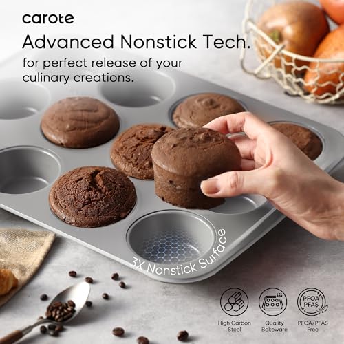 CAROTE 7-Piece Nonstick Stackable Baking Pans Set - Bakeware Sets Including Cookie Sheets for Baking, Muffin Pan, Bread Pan, Cake pan, Loaf Pan, Roasting Pan, Gray & Blue - My Kitchen Products