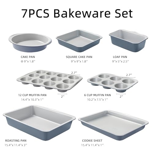 CAROTE 7-Piece Nonstick Stackable Baking Pans Set - Bakeware Sets Including Cookie Sheets for Baking, Muffin Pan, Bread Pan, Cake pan, Loaf Pan, Roasting Pan, Gray & Blue - My Kitchen Products