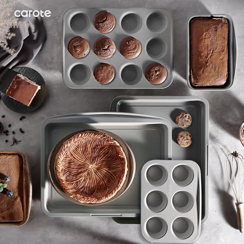 CAROTE 7-Piece Nonstick Stackable Baking Pans Set - Bakeware Sets Including Cookie Sheets for Baking, Muffin Pan, Bread Pan, Cake pan, Loaf Pan, Roasting Pan, Gray & Blue - My Kitchen Products