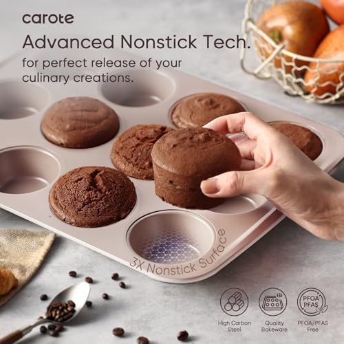 CAROTE 7-Piece Nonstick Stackable Baking Pans Set - Bakeware Sets Including Cookie Sheets for Baking, Muffin Pan, Bread Pan, Cake pan, Loaf Pan, Roasting Pan, Gray & Khaki - My Kitchen Products
