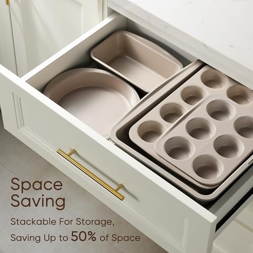 CAROTE 7-Piece Nonstick Stackable Baking Pans Set - Bakeware Sets Including Cookie Sheets for Baking, Muffin Pan, Bread Pan, Cake pan, Loaf Pan, Roasting Pan, Gray & Khaki - My Kitchen Products