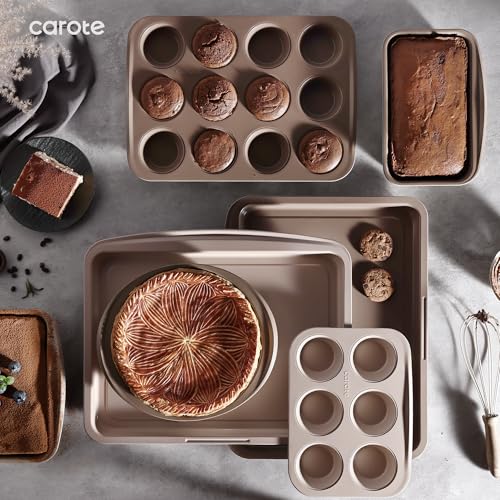 CAROTE 7-Piece Nonstick Stackable Baking Pans Set - Bakeware Sets Including Cookie Sheets for Baking, Muffin Pan, Bread Pan, Cake pan, Loaf Pan, Roasting Pan, Gray & Khaki - My Kitchen Products