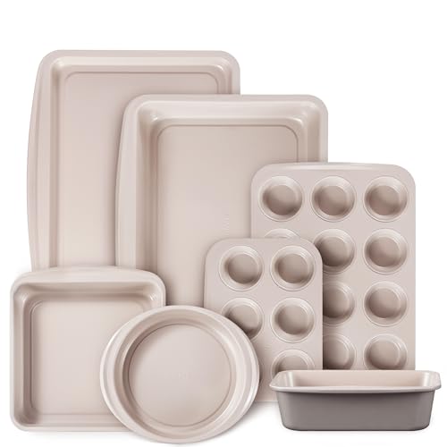 CAROTE 7-Piece Nonstick Stackable Baking Pans Set - Bakeware Sets Including Cookie Sheets for Baking, Muffin Pan, Bread Pan, Cake pan, Loaf Pan, Roasting Pan, Gray & Khaki - My Kitchen Products