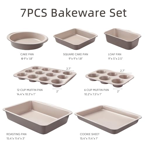 CAROTE 7-Piece Nonstick Stackable Baking Pans Set - Bakeware Sets Including Cookie Sheets for Baking, Muffin Pan, Bread Pan, Cake pan, Loaf Pan, Roasting Pan, Gray & Khaki - My Kitchen Products