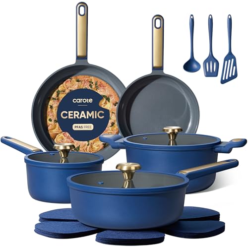 CAROTE Ceramic Cookwar Set, Pots and Pan Set Non Stick 16 Piece, Cookware Set Kitchen Cooking Set Non Toxic, PFAS PTFE Free, Blue - My Kitchen Products