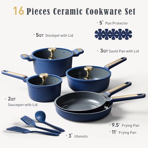 CAROTE Ceramic Cookwar Set, Pots and Pan Set Non Stick 16 Piece, Cookware Set Kitchen Cooking Set Non Toxic, PFAS PTFE Free, Blue - My Kitchen Products