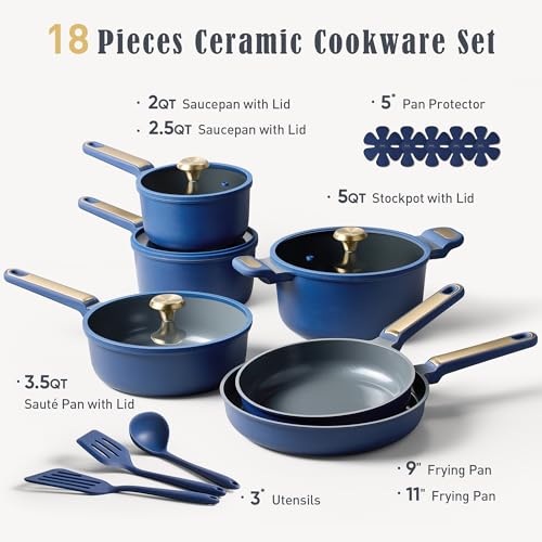 CAROTE Ceramic Cookwar Set, Pots and Pan Set Non Stick 18 Piece, Cookware Set Kitchen Cooking Set Non Toxic, PFAS PTFE Free, Blue - My Kitchen Products