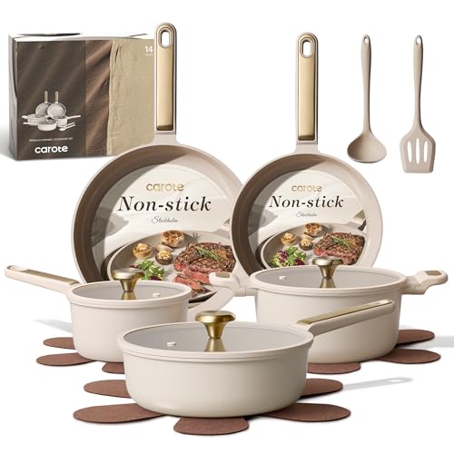 CAROTE Ceramic Cookware Set Nonstick, 14pcs Pots and Pans Set Nonstick, Non-Toxic & PFAS-Free, Dishwasher, RV/Camping Cookware Set, Cooking Pots with Lids, Light Taupe - My Kitchen Products